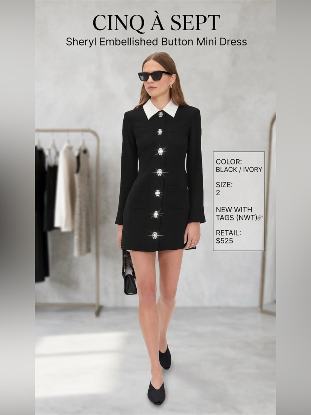 Cinq a Sept Sheryl Embellished Button
Mini Dress Black Ivory Size 2 NWT